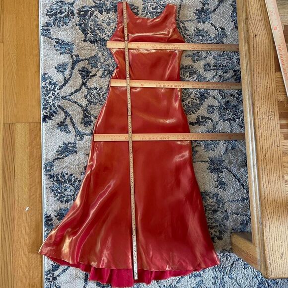 Vintage 90s Let’s Fashion Iridescent Orange Rosette Gown Open Back Dress Size L - Picture 15 of 15